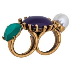 مملوكة مسبقًا Oscar de la Renta Mulitcolor Crystals & Faux Pearl Double Finger Ring Size EU 54.4