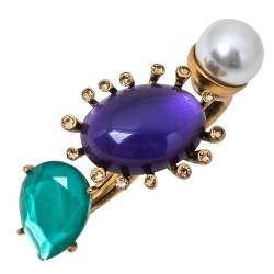 مملوكة مسبقًا Oscar de la Renta Mulitcolor Crystals & Faux Pearl Double Finger Ring Size EU 54.4