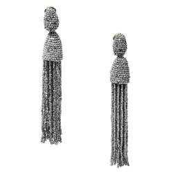 Pre Owned Oscar de la Renta Silver Classic Long Beaded Tassel Earrings