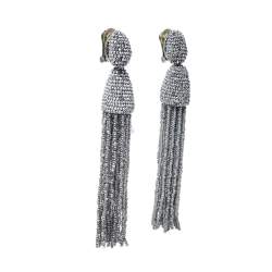 Pre Owned Oscar de la Renta Silver Classic Long Beaded Tassel Earrings
