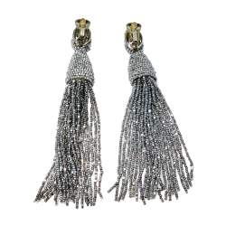 Pre Owned Oscar de la Renta Silver Classic Long Beaded Tassel Earrings