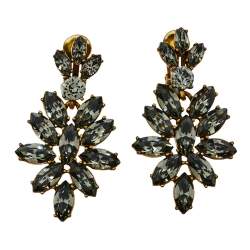 Pre Owned Oscar de la Renta Grey Crystal Navette Clip On Earrings