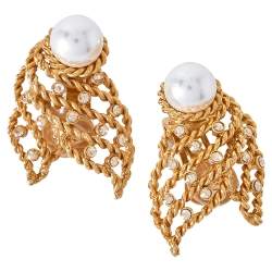 Pre Owned Oscar de la Renta Twisted Gold Tone Pearl & Crystal Clip On Earrings