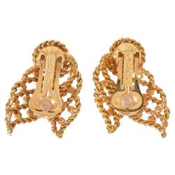 Pre Owned Oscar de la Renta Twisted Gold Tone Pearl & Crystal Clip On Earrings
