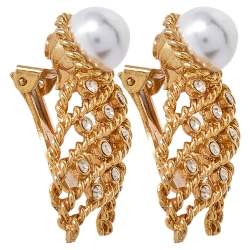 Pre Owned Oscar de la Renta Twisted Gold Tone Pearl & Crystal Clip On Earrings
