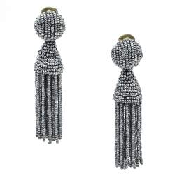 مملوكة مسبقًا Oscar de la Renta Silver Beaded Short Tasseled Clip On Earrings