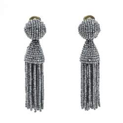 مملوكة مسبقًا Oscar de la Renta Silver Beaded Short Tasseled Clip On Earrings