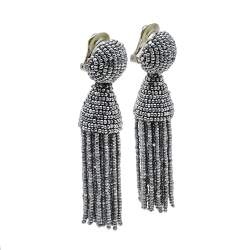 مملوكة مسبقًا Oscar de la Renta Silver Beaded Short Tasseled Clip On Earrings