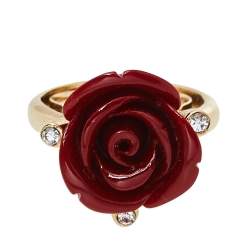 مملوكة مسبقًا Oscar de la Renta Red Resin Rose Cocktail Ring Size EU 50.5