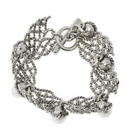 Pre Owned Oscar de la Renta Crystal Winged Faux Pearl Toggle Bracelet