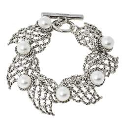 Pre Owned Oscar de la Renta Crystal Winged Faux Pearl Toggle Bracelet