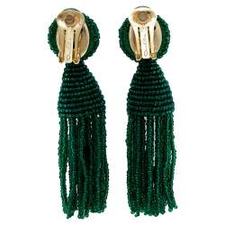 Pre Owned Oscar de la Renta Green Beaded Tassel Earrings