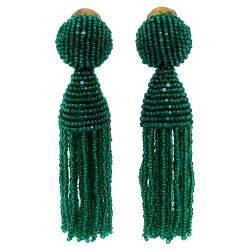Pre Owned Oscar de la Renta Green Beaded Tassel Earrings