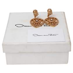 Pre Owned Oscar de la Renta Crystal Embellished Heart Drop Earrings