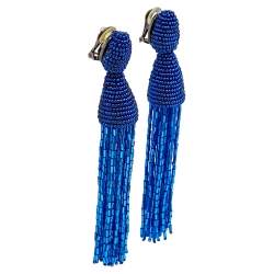 Pre Owned Oscar de la Renta Blue Beaded Tassel Clip on Earrings