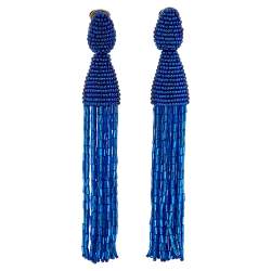 Pre Owned Oscar de la Renta Blue Beaded Tassel Clip on Earrings
