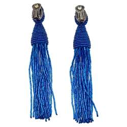 Pre Owned Oscar de la Renta Blue Beaded Tassel Clip on Earrings