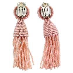 Pre Owned Oscar de la Renta Pink Beaded Tassel Clip on Earrings