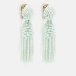 Pre Owned Oscar de la Renta Pale Green Beaded Tassel Clip-On Earrings