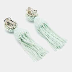 Pre Owned Oscar de la Renta Pale Green Beaded Tassel Clip-On Earrings