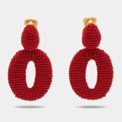 مملوكة مسبقًا Oscar de la Renta Oscar O Red Beads Gold Tone Clip On Earrings