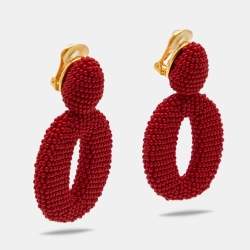 مملوكة مسبقًا Oscar de la Renta Oscar O Red Beads Gold Tone Clip On Earrings