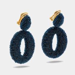 مملوكة مسبقًا Oscar de la Renta Oscar O Blue Beads Gold Tone Clip On Earrings