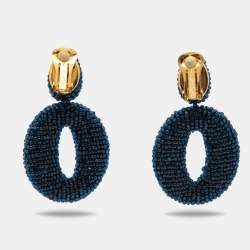 مملوكة مسبقًا Oscar de la Renta Oscar O Blue Beads Gold Tone Clip On Earrings