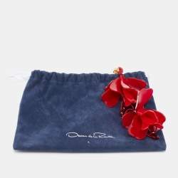 Pre Owned Oscar de la Renta Impatiens Red Plastic Beads Gold Tone Drop Earrings