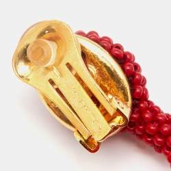Pre Owned Oscar de la Renta Impatiens Red Plastic Beads Gold Tone Drop Earrings