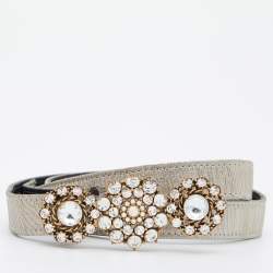 Pre Owned Oscar de la Renta Gold/Silver Lurex Fabric Floral Crystals Waist Belt S