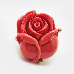 Pre Owned Oscar de la Renta  Rose Red Amaranth Gold Tone Ring Size 55