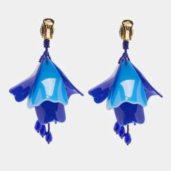 Pre Owned Oscar de la Renta Blue Plastic Bead Gold Tone Earrings