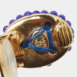 Pre Owned Oscar de la Renta Blue Plastic Bead Gold Tone Earrings