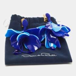 Pre Owned Oscar de la Renta Blue Plastic Bead Gold Tone Earrings
