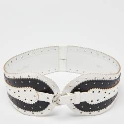 Pre Owned Oscar de la Renta White/Black Leather Waist Belt 75CM