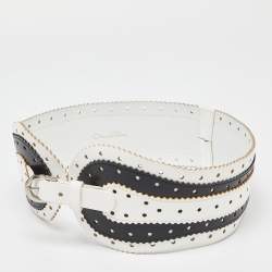 Pre Owned Oscar de la Renta White/Black Leather Waist Belt 75CM