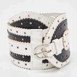 Pre Owned Oscar de la Renta White/Black Leather Waist Belt 75CM