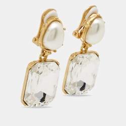 Pre Owned Oscar de la Renta  Crystal Faux Pearl Gold Tone Earrings