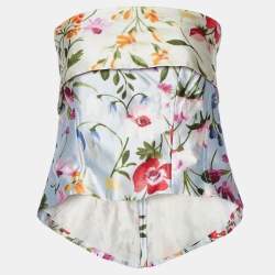 Pre Owned Oscar de la Renta Blue Floral Print Silk Blend Tube Top & Midi Skirt Set M