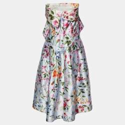 Pre Owned Oscar de la Renta Blue Floral Print Silk Blend Tube Top & Midi Skirt Set M