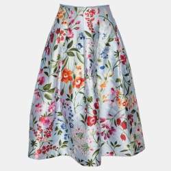 Pre Owned Oscar de la Renta Blue Floral Print Silk Blend Tube Top & Midi Skirt Set M