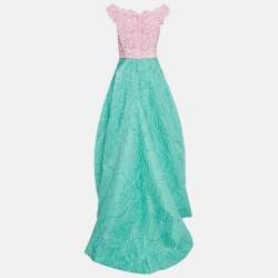 Oscar de la Renta Pink/Green Lace and Cotton Blend Sleeveless Gown S