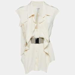 Pre Owned Oscar de la Renta Cream Silk Belted Sleeveless Blouse M