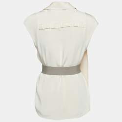 Pre Owned Oscar de la Renta Cream Silk Belted Sleeveless Blouse M