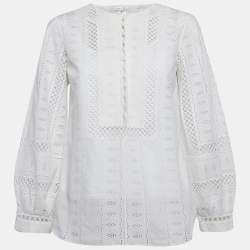 Pre Owned Oscar De La Renta White Broderie Anglaise Long Sleeve Blouse M