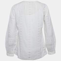 Pre Owned Oscar De La Renta White Broderie Anglaise Long Sleeve Blouse M