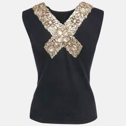 Pre Owned Oscar de la Renta Navy Blue Crystal Embellished Cashmere Knit Tank Top S