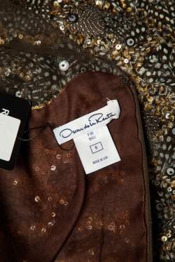 Pre Owned Oscar de la Renta Brown Sequin & Feather Embedded Tulle Mini Dress M