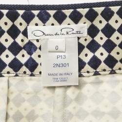Pre Owned Oscar de la Renta Navy Blue/White Checked Silk Gabardine Shorts XS